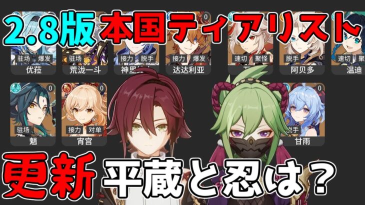 【原神】V2.8版！本国でティアリスト公開！久岐忍と鹿野院平蔵はどうなった？最強キャラクターは？【攻略解説】雷電将軍,強い,強さ,ランキング,お勧め,魈,魈,いえらん,中国,海外,へいぞう,しのぶ